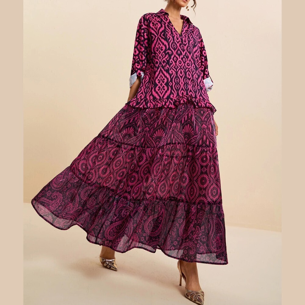 Pink Black Mixed Filigree Print Tiered Collared Long Sleeve Maxi Dress